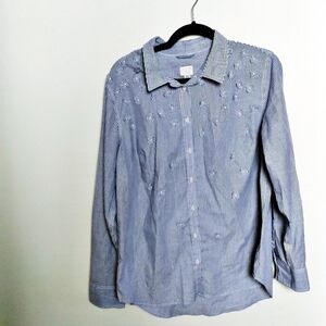 a new day Blue and White Striped Floral Accent Button Down Shirt Size XXL